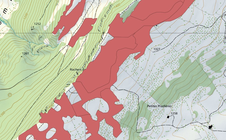 Carte nationale swisstopo avec le périmètre protégé de Rochers Bruns (Prairie sèche)