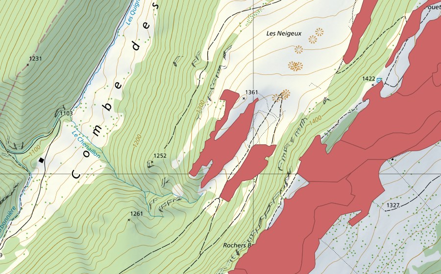 Carte nationale swisstopo avec le périmètre protégé de Rochers Bruns (Prairie sèche)