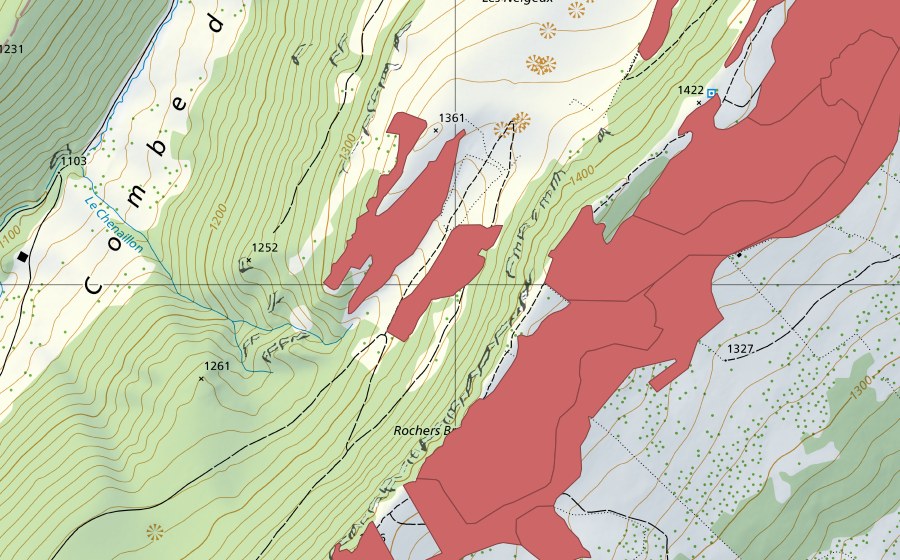 Carte nationale swisstopo avec le périmètre protégé de Rochers Bruns (Prairie sèche)