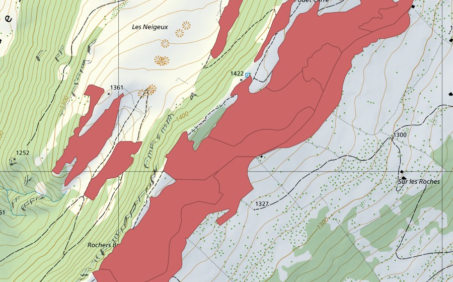 Landeskarte swisstopo mit dem Schutzperimeter von Rochers Bruns (Trockenwiese)