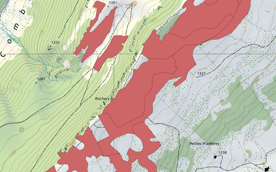 swisstopo national map showing the protected perimeter of Rochers Bruns (Dry meadow)