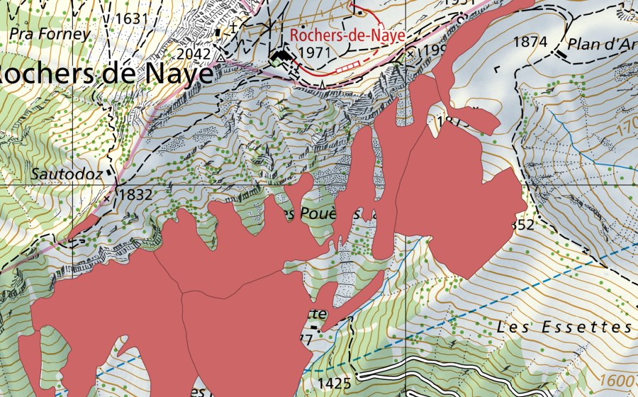 swisstopo national map showing the protected perimeter of Rochers de Naye (Dry meadow)