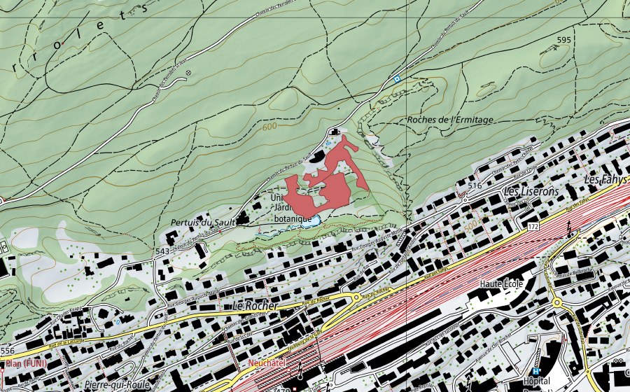 Carte nationale swisstopo avec le périmètre protégé de Roches de l'Ermitage (Prairie sèche)