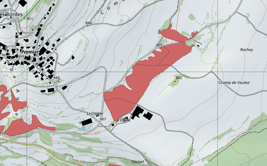 swisstopo national map showing the protected perimeter of Rochey (Dry meadow)