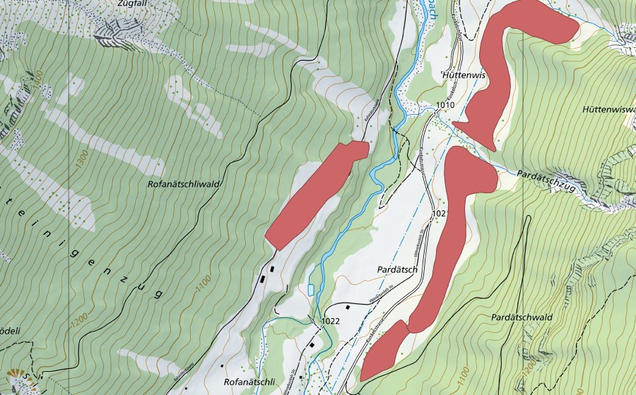 Landeskarte swisstopo mit dem Schutzperimeter von Rofanätschli (Trockenwiese)