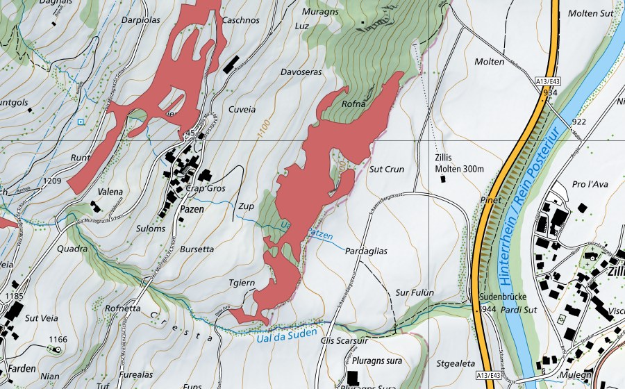 Carte nationale swisstopo avec le périmètre protégé de Rofna (Prairie sèche)
