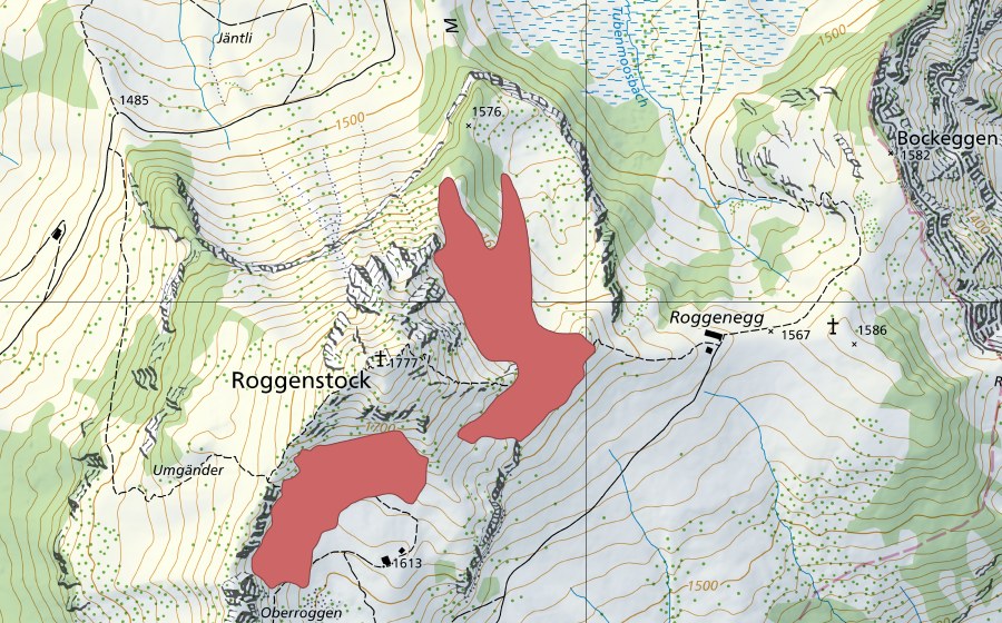 Carta nazionale swisstopo con il perimetro protetto di Roggenstock (Prato secco)