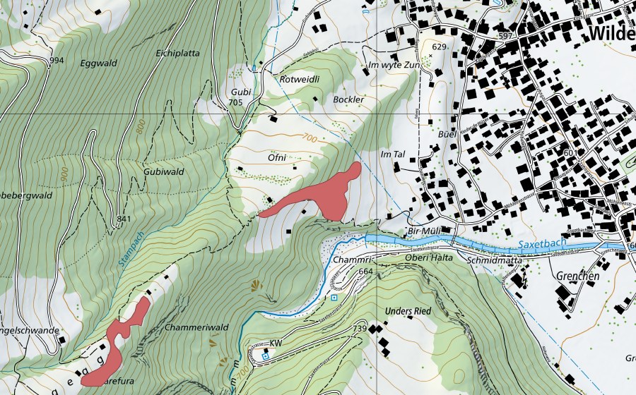 Carte nationale swisstopo avec le périmètre protégé de Roggera (Prairie sèche)