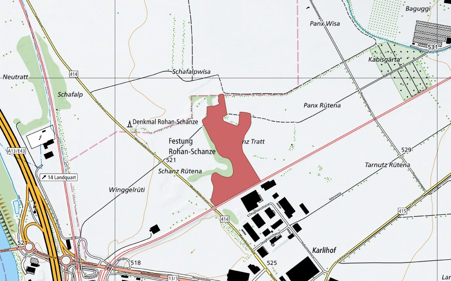 Carte nationale swisstopo avec le périmètre protégé de Rohan-Schanze (Prairie sèche)