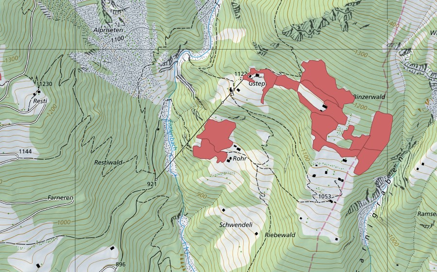 Landeskarte swisstopo mit dem Schutzperimeter von Rohr (Trockenwiese)