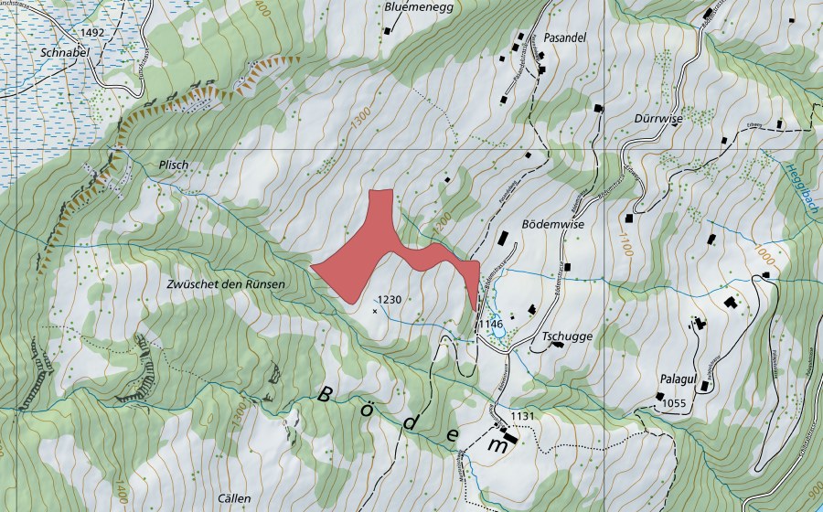 Landeskarte swisstopo mit dem Schutzperimeter von Rollibach (Trockenwiese)