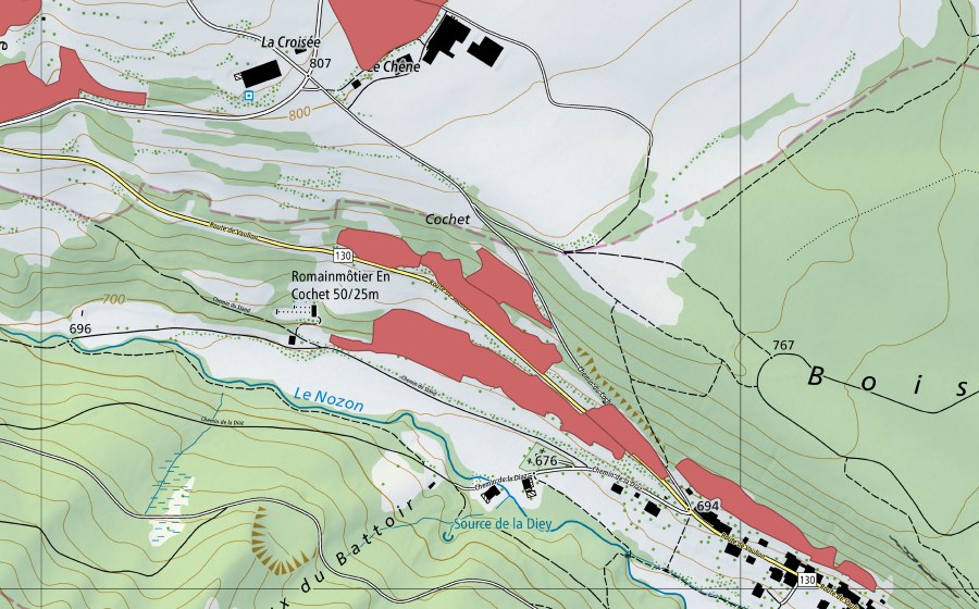 swisstopo national map showing the protected perimeter of Romainmôtier (Dry meadow)