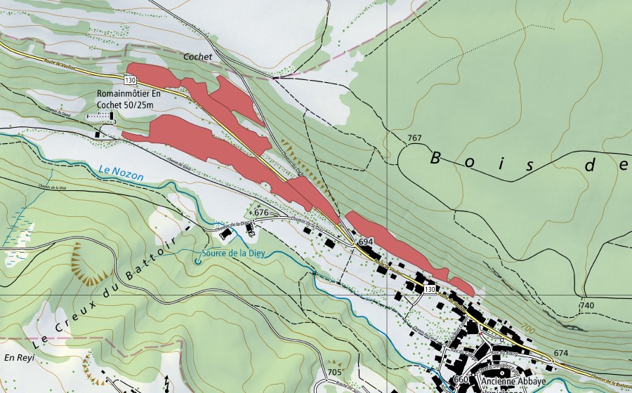 swisstopo national map showing the protected perimeter of Romainmôtier (Dry meadow)