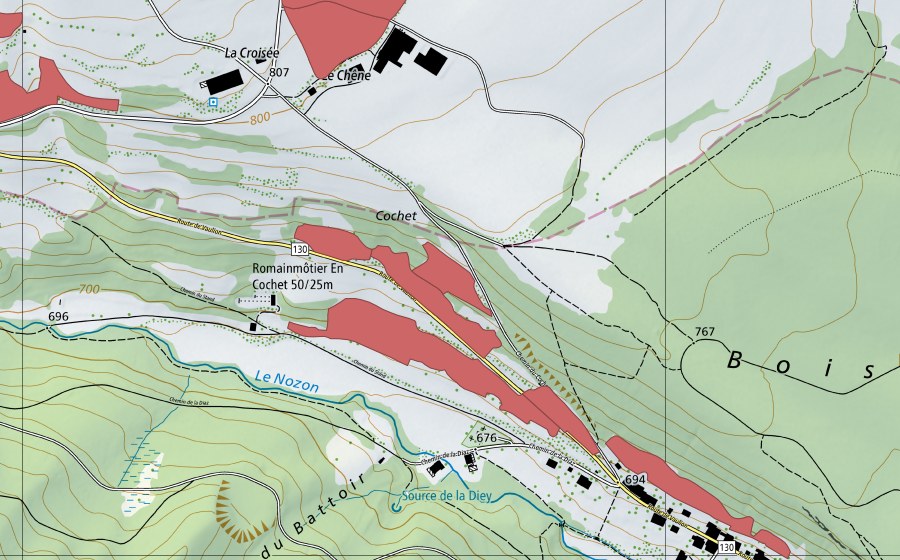 swisstopo national map showing the protected perimeter of Romainmôtier (Dry meadow)