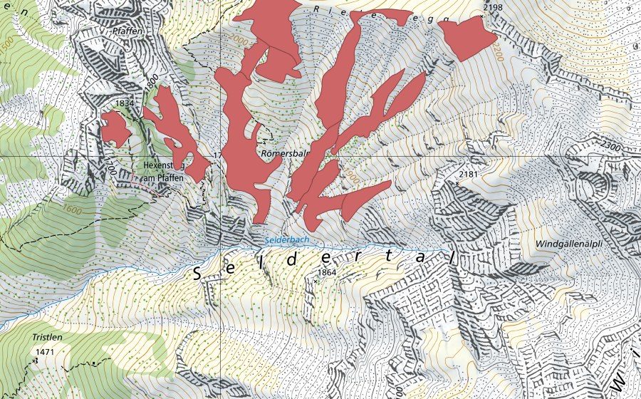 swisstopo national map showing the protected perimeter of Römersbalm (Dry meadow)