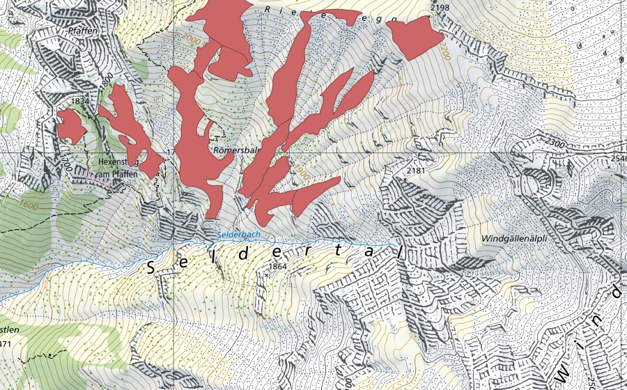 Landeskarte swisstopo mit dem Schutzperimeter von Römersbalm (Trockenwiese)