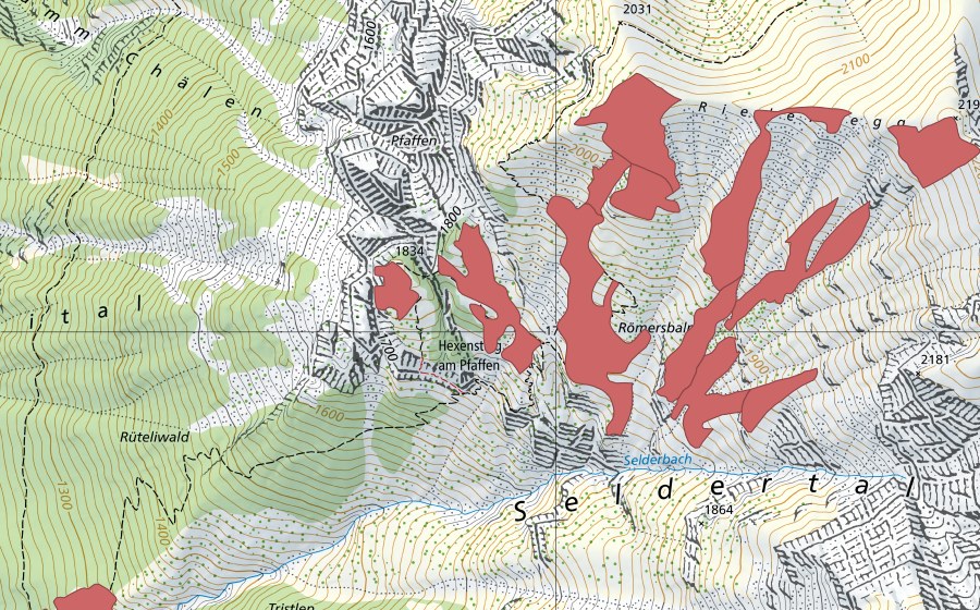 swisstopo national map showing the protected perimeter of Römersbalm (Dry meadow)