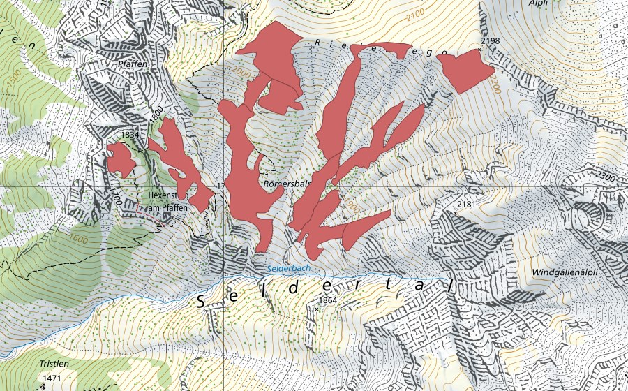 swisstopo national map showing the protected perimeter of Römersbalm (Dry meadow)