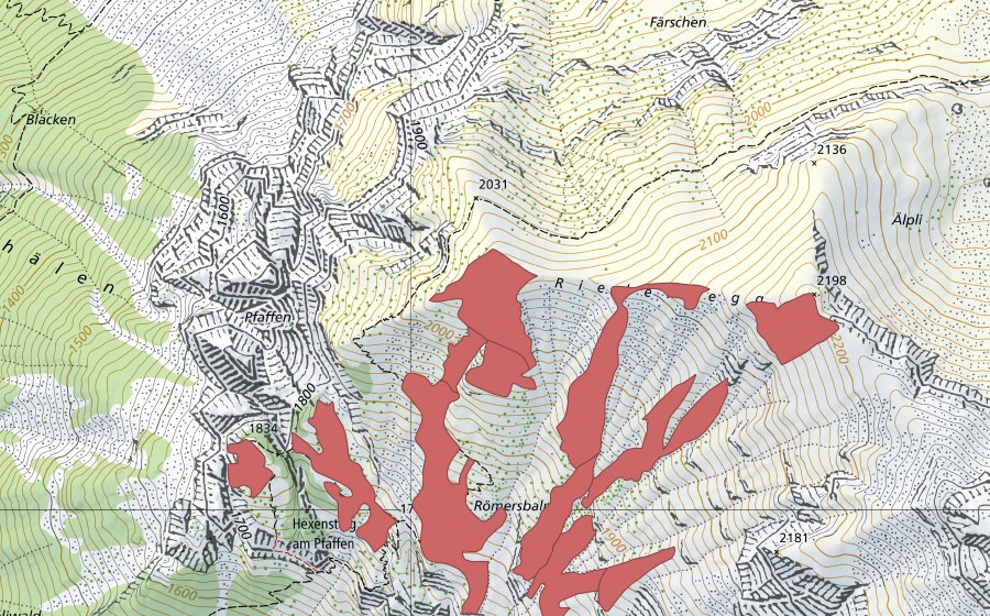 swisstopo national map showing the protected perimeter of Römersbalm (Dry meadow)