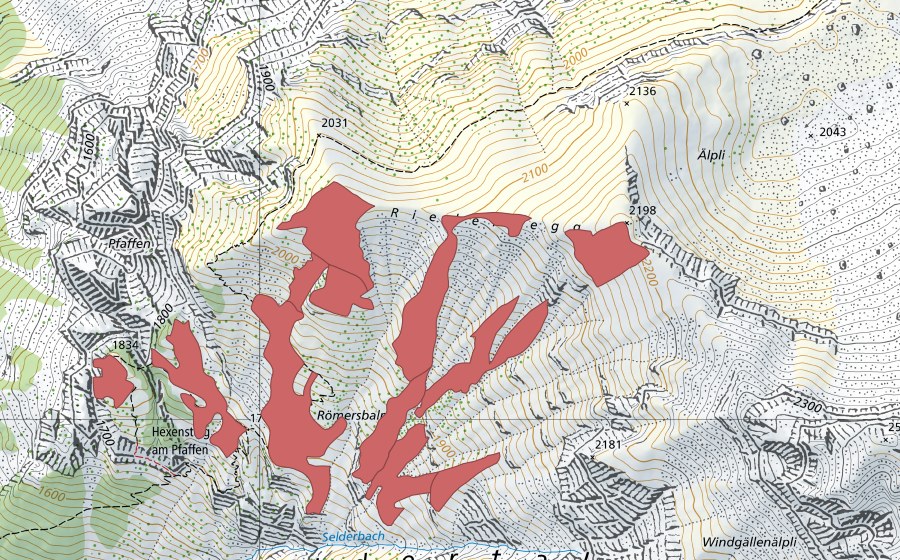 swisstopo national map showing the protected perimeter of Römersbalm (Dry meadow)