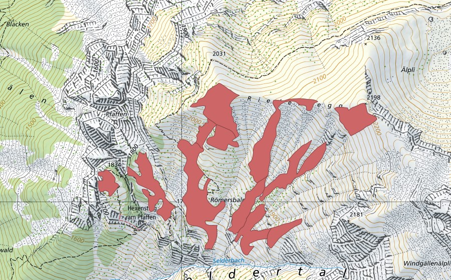 Landeskarte swisstopo mit dem Schutzperimeter von Römersbalm (Trockenwiese)