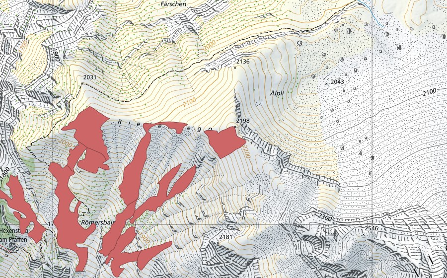 swisstopo national map showing the protected perimeter of Römersbalm (Dry meadow)