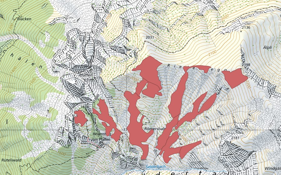 swisstopo national map showing the protected perimeter of Römersbalm (Dry meadow)