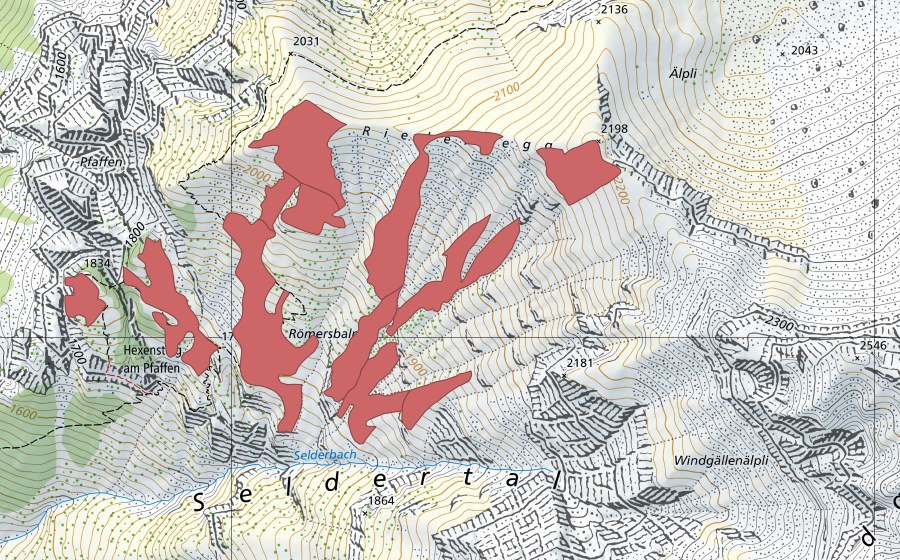 swisstopo national map showing the protected perimeter of Römersbalm (Dry meadow)