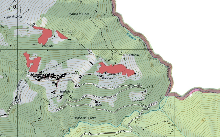 swisstopo national map showing the protected perimeter of Roncaccio (Dry meadow)