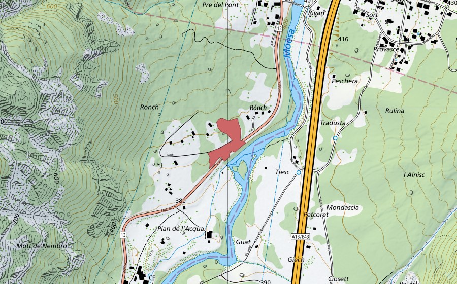 Landeskarte swisstopo mit dem Schutzperimeter von Ronch (Trockenwiese)