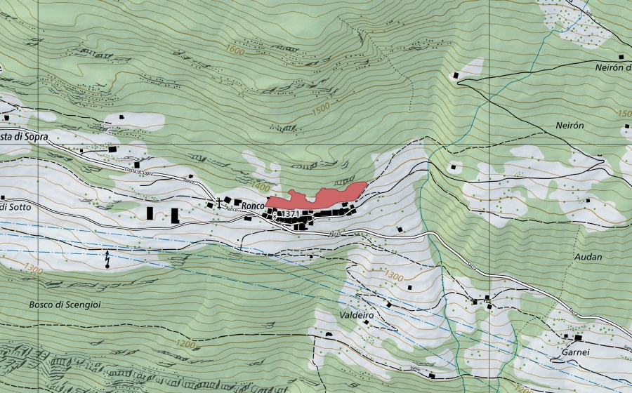 Carte nationale swisstopo avec le périmètre protégé de Ronco (Prairie sèche)