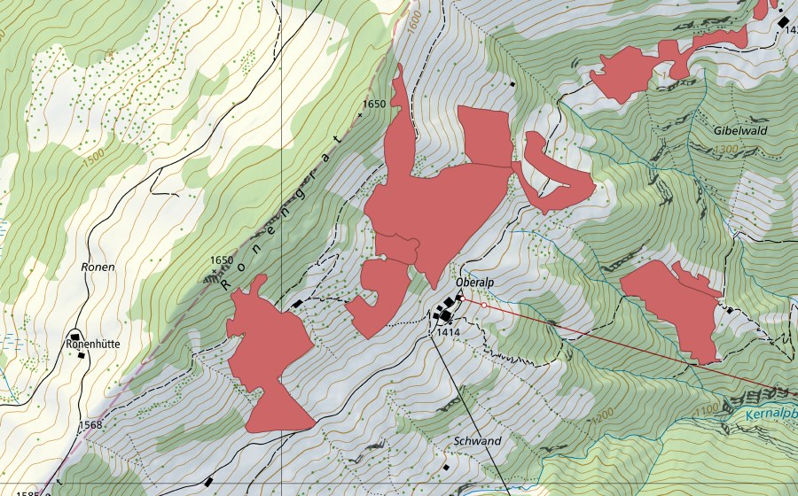 Carte nationale swisstopo avec le périmètre protégé de Ronengrat (Prairie sèche)