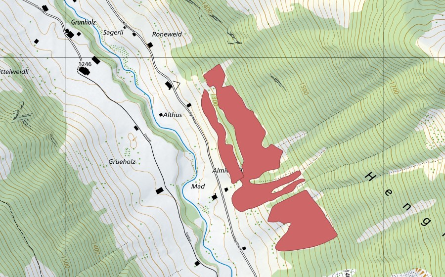 swisstopo national map showing the protected perimeter of Roneweid (Dry meadow)