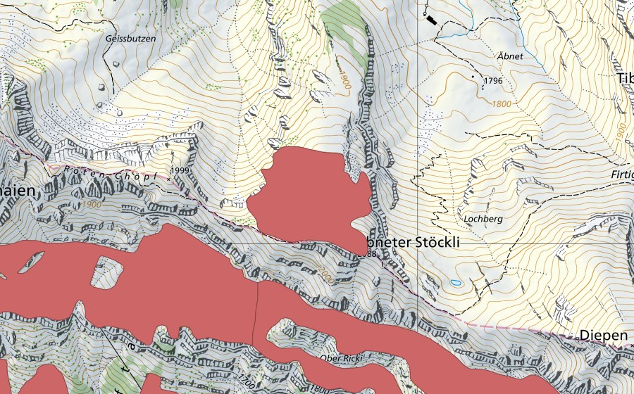 swisstopo national map showing the protected perimeter of Rophaien (Dry meadow)