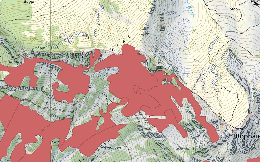 Landeskarte swisstopo mit dem Schutzperimeter von Rophaien (Trockenwiese)