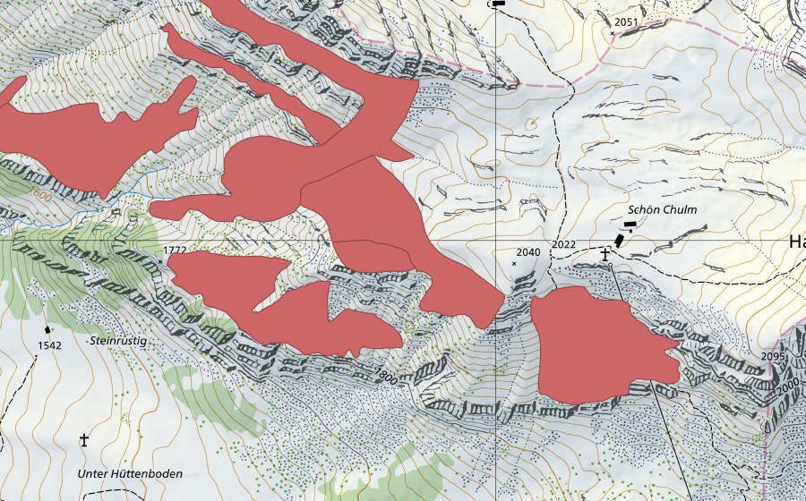 swisstopo national map showing the protected perimeter of Rophaien (Dry meadow)