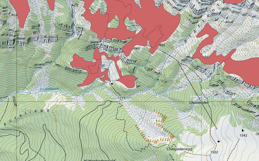 swisstopo national map showing the protected perimeter of Rophaien (Dry meadow)