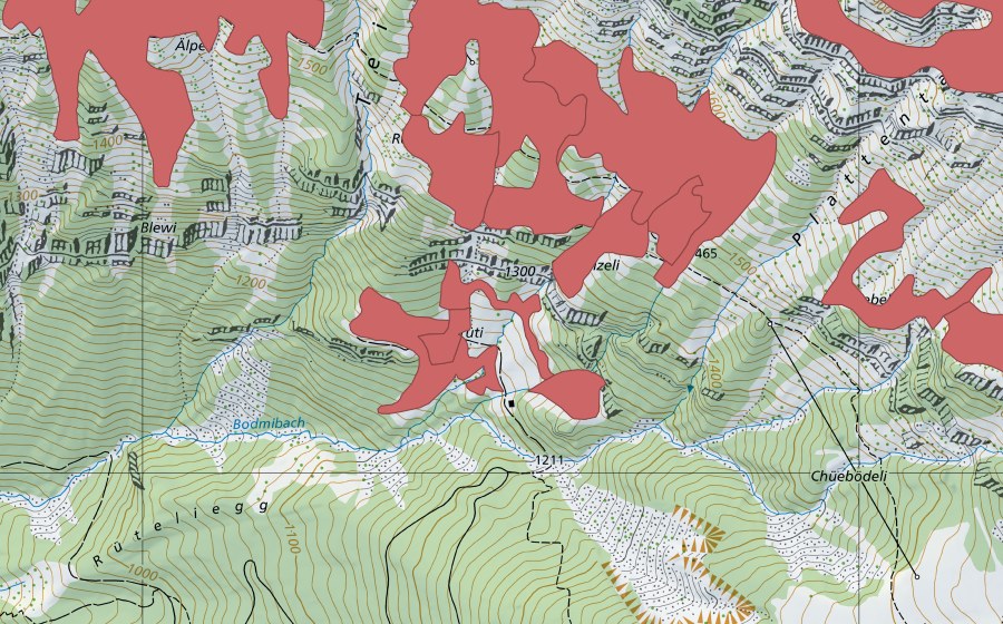 swisstopo national map showing the protected perimeter of Rophaien (Dry meadow)