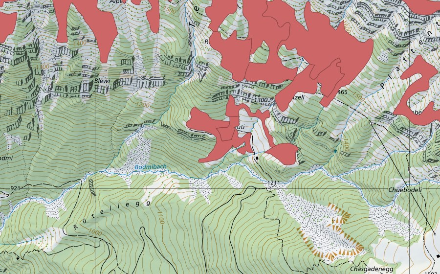 Carte nationale swisstopo avec le périmètre protégé de Rophaien (Prairie sèche)