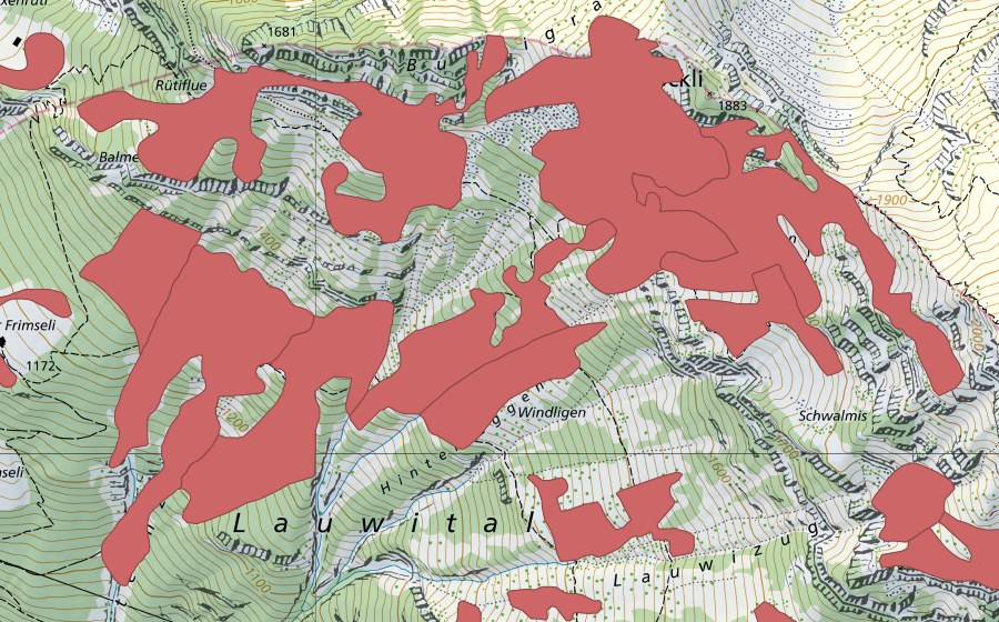 Landeskarte swisstopo mit dem Schutzperimeter von Rophaien (Trockenwiese)