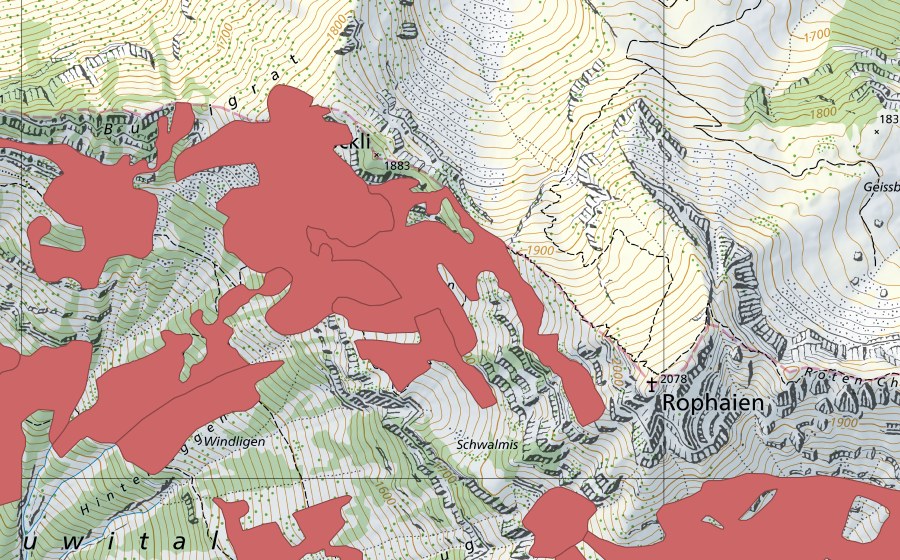 Landeskarte swisstopo mit dem Schutzperimeter von Rophaien (Trockenwiese)