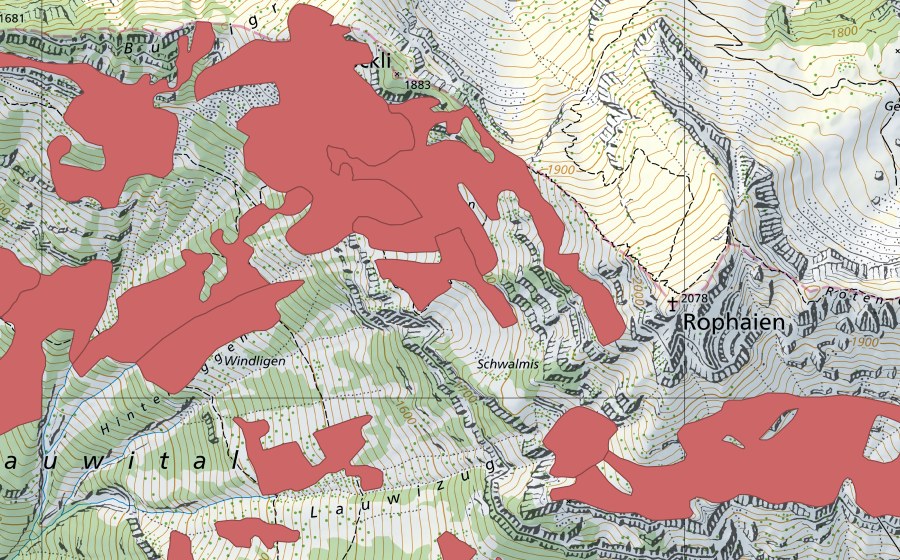 swisstopo national map showing the protected perimeter of Rophaien (Dry meadow)