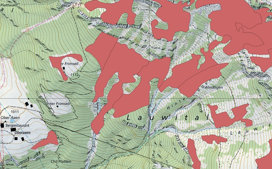 swisstopo national map showing the protected perimeter of Rophaien (Dry meadow)