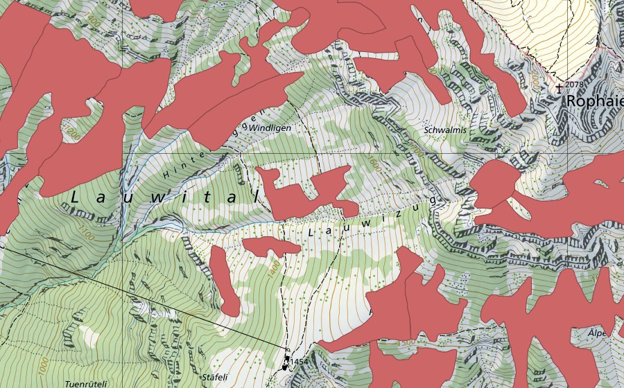 swisstopo national map showing the protected perimeter of Rophaien (Dry meadow)