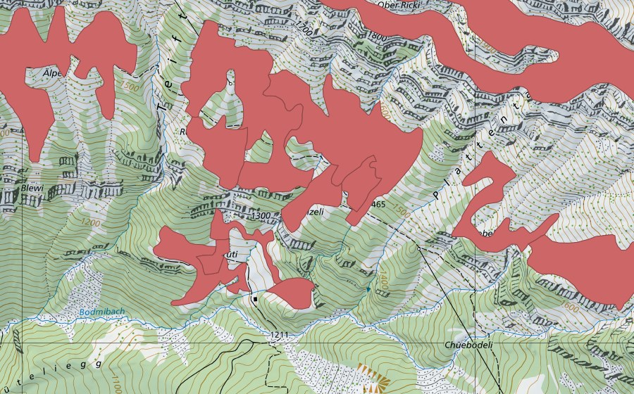 Landeskarte swisstopo mit dem Schutzperimeter von Rophaien (Trockenwiese)