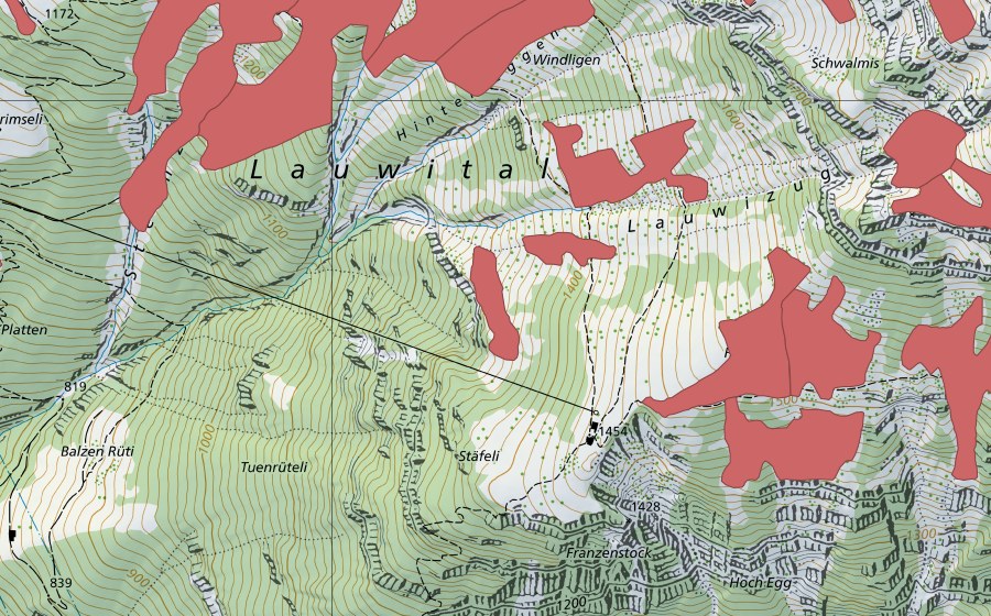 swisstopo national map showing the protected perimeter of Rophaien (Dry meadow)