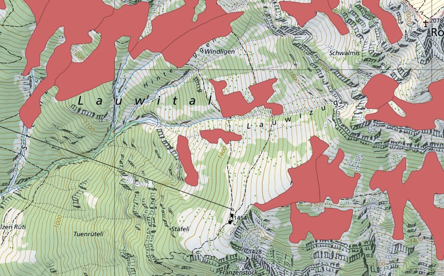 Carte nationale swisstopo avec le périmètre protégé de Rophaien (Prairie sèche)
