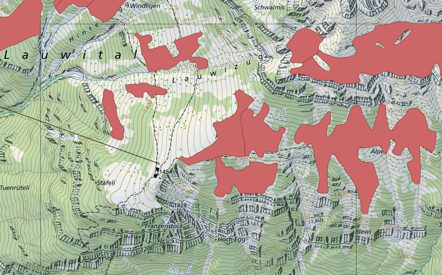 Landeskarte swisstopo mit dem Schutzperimeter von Rophaien (Trockenwiese)