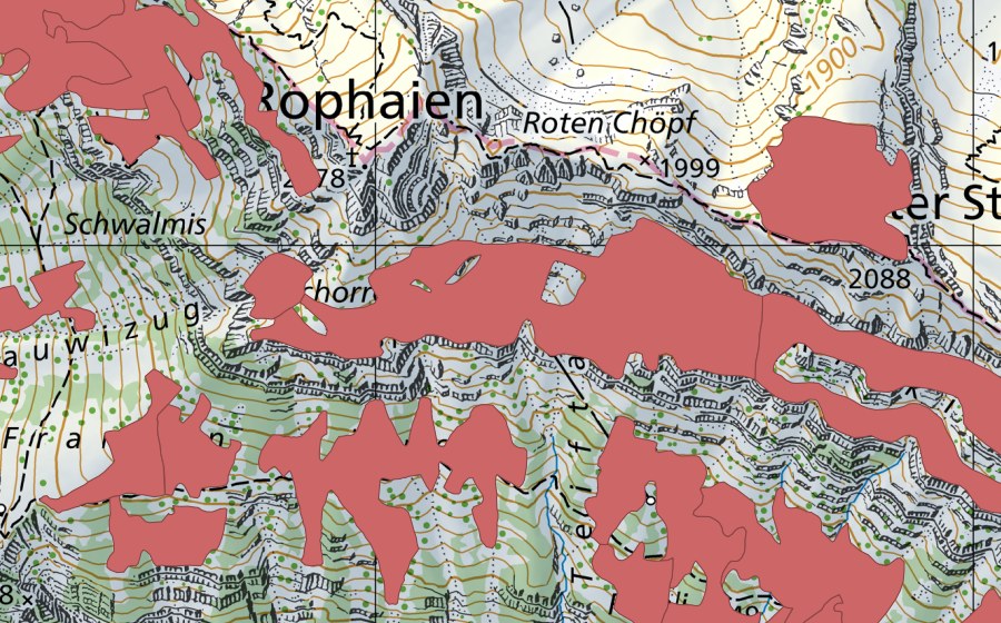 swisstopo national map showing the protected perimeter of Rophaien (Dry meadow)