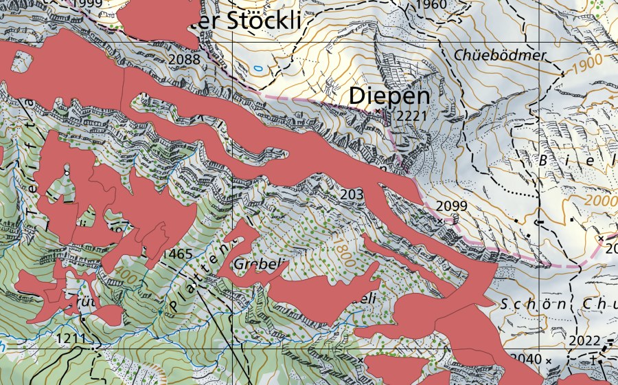 Landeskarte swisstopo mit dem Schutzperimeter von Rophaien (Trockenwiese)